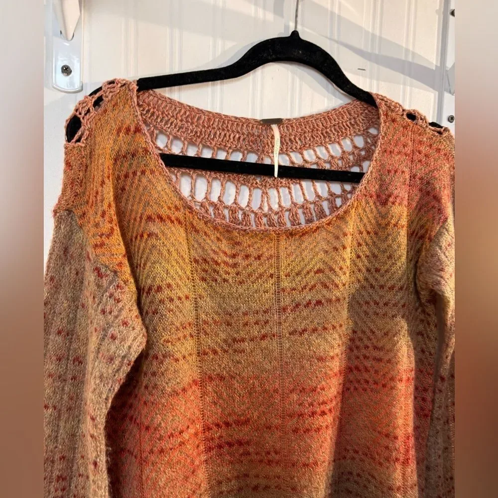Free People Sweater Multicolor‎ Mohair Blend Crochet Back Bell Sleeve Sz S